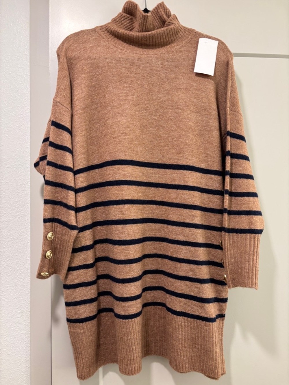 NWT Camel and Navy Striped Turtleneck Sweater